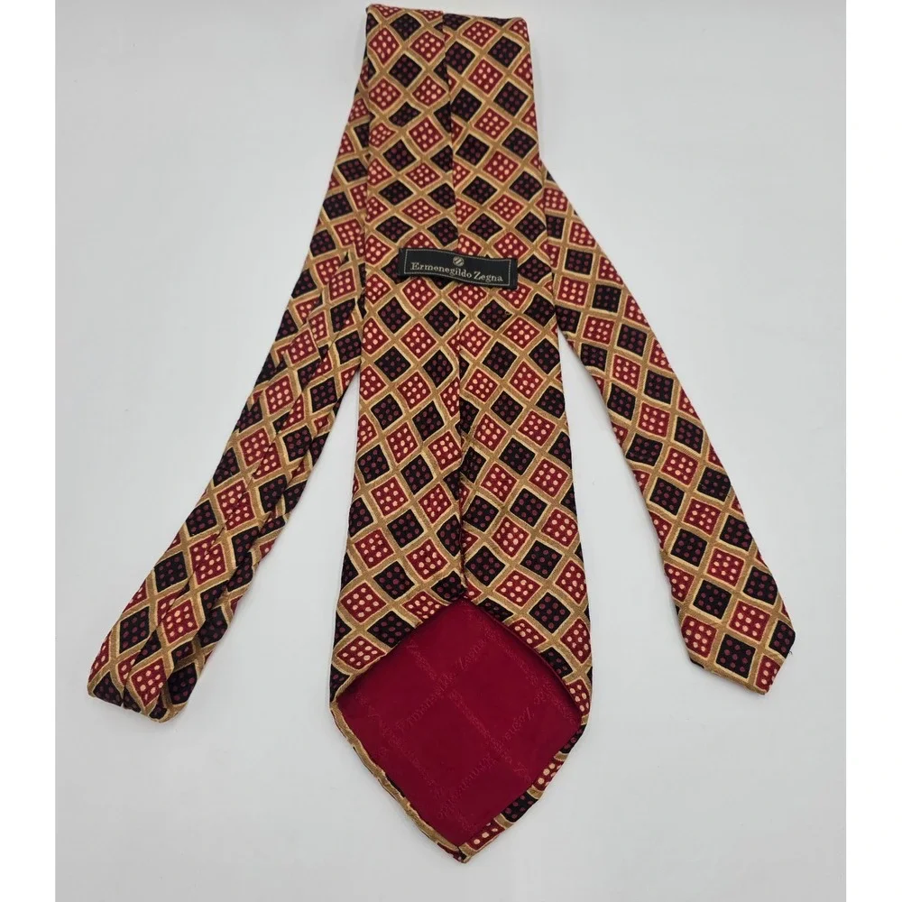 Ermenegildo Zegna Silk Tie Burgundy Gold Navy Geometric Diamond Made in Italy